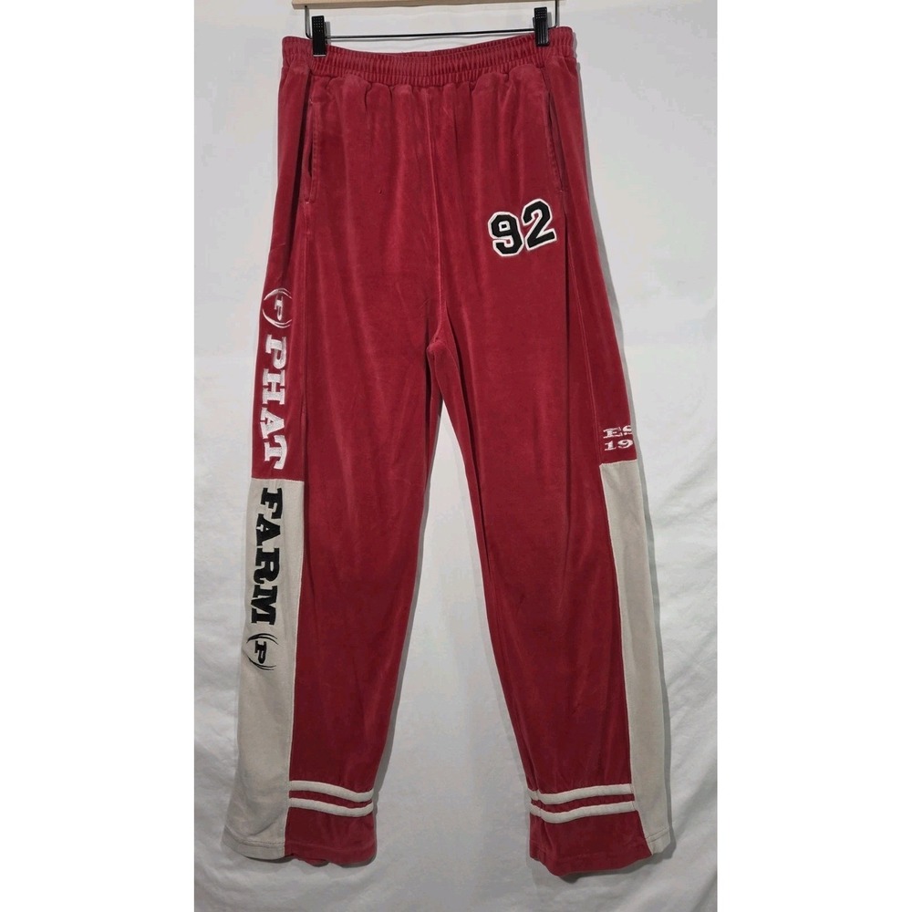 Phat Farm Velour Track Pants Mens Red Cream Y2K Hip Hop Baggy Logo‎ Street
